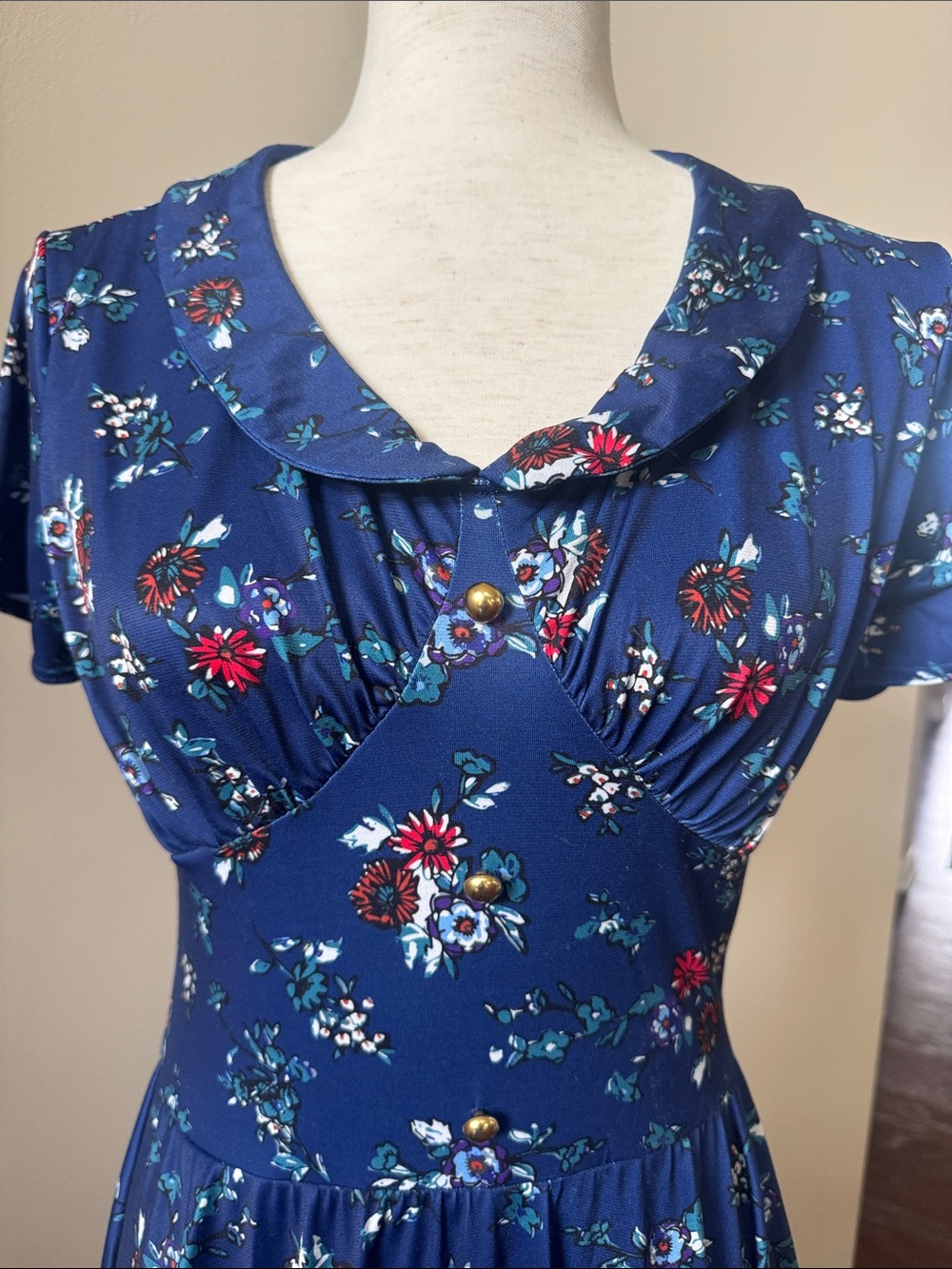 Weissman Navy Blue Floral Midi Dress with Red & White Accents - Picture 3 of 8